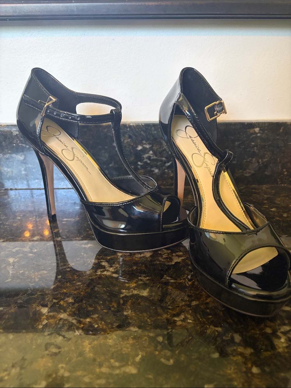 Jessica Simpson Black Patent T-Strap Platform Pumps